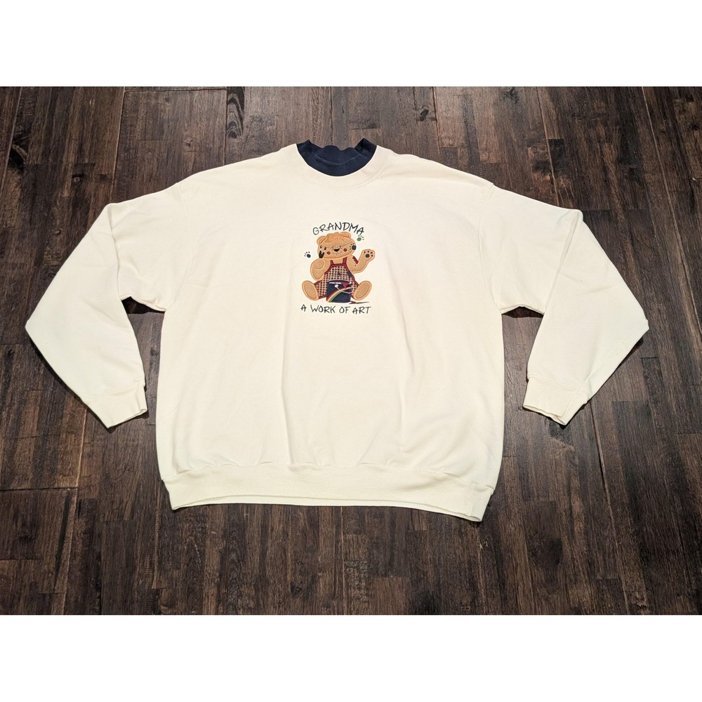 Vintage Grandma Sweatshirt Womens XL Grannycore White Navy Embroidered Bear 90s